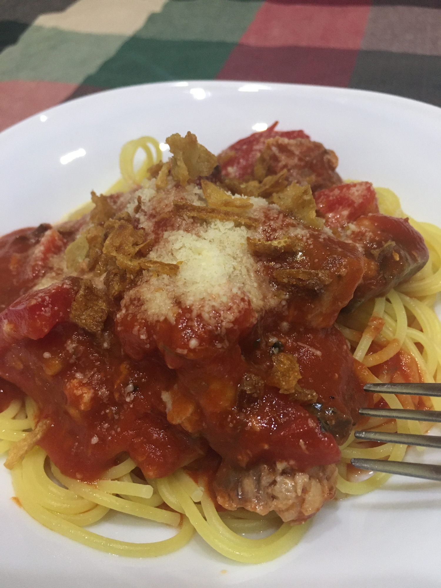 サバ缶のトマトソースパスタ