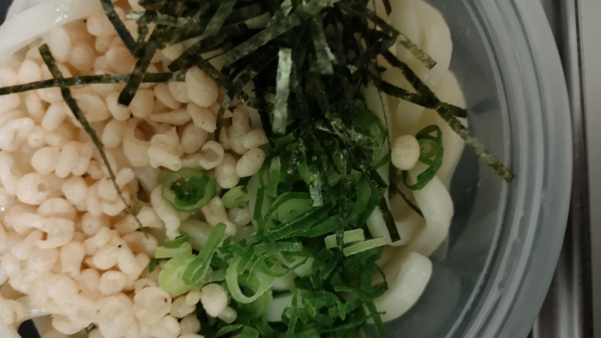刻み海苔と天かすとねぎのぶっかけうどん