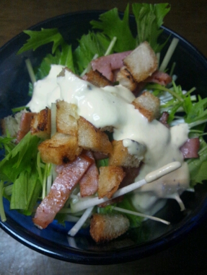 このドレッシング、簡単で美味しい～(^o^)/手作りフランスパンでクルトンを作って載せてみました♪ご馳走さまでした！