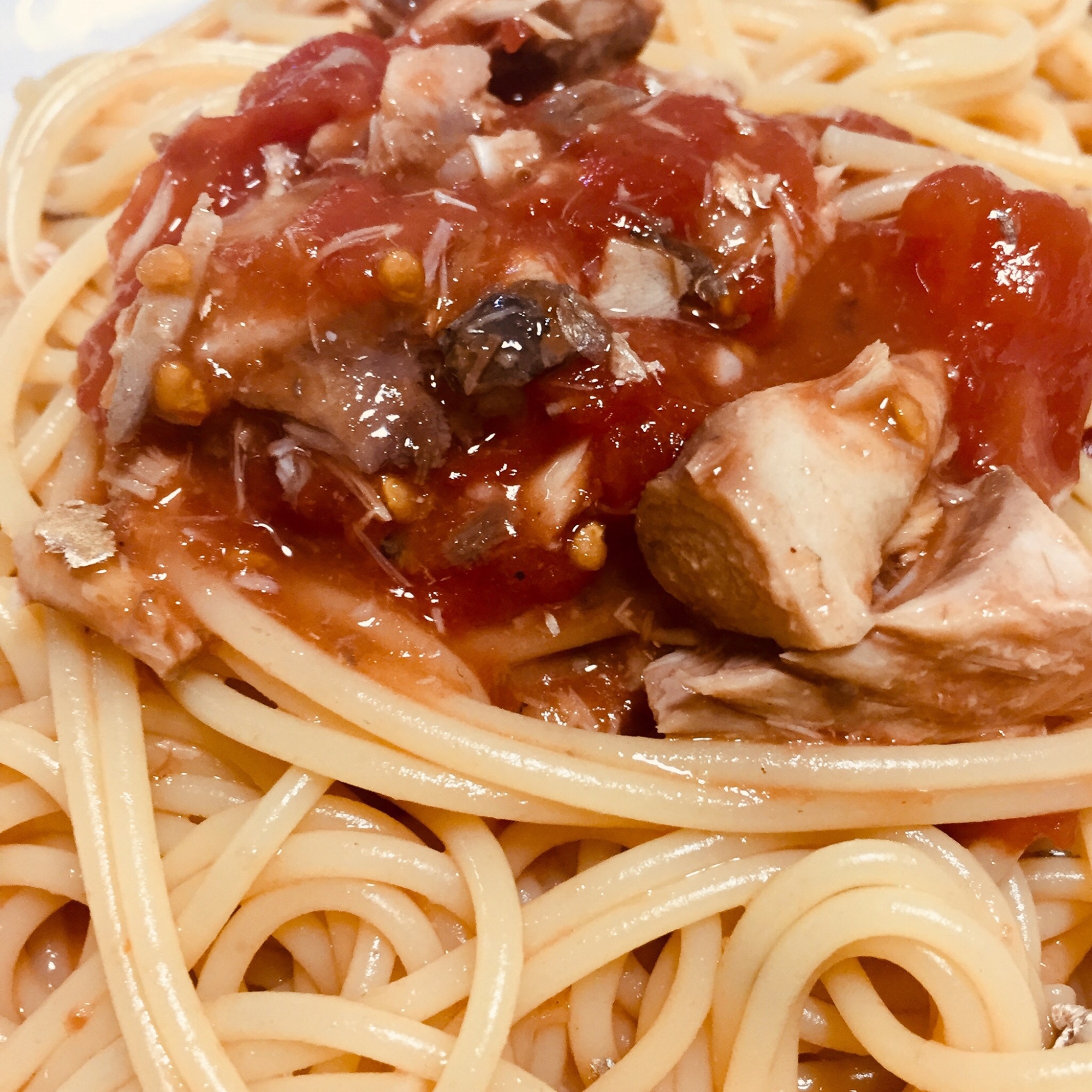 レンジで簡単！サバとトマトのスパゲティ