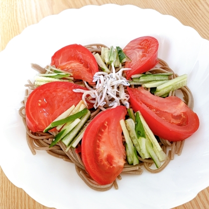 暑いので、家にある野菜で冷たい麺を食べようとレシピ検索♪
蕎麦を代用しましたが、野菜としらすでヘルシーで美味しかったです(*^-^*)