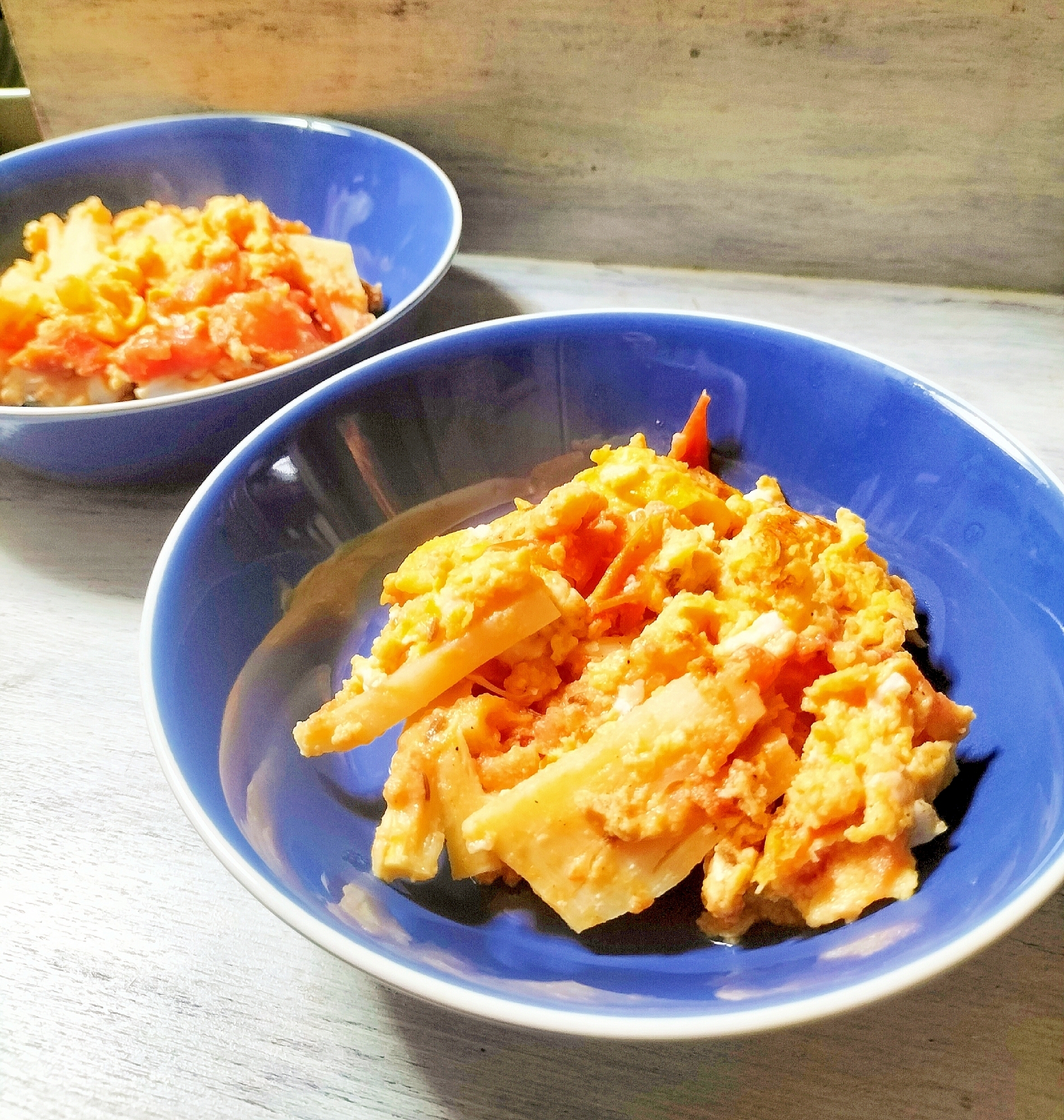 クミンシード香る✨筍とトマトの卵とじ