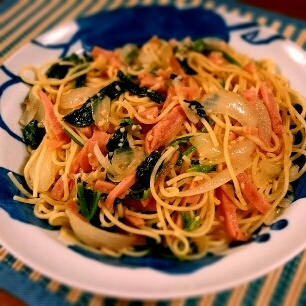 水漬けパスタで作る、ほうれん草の和風パスタ