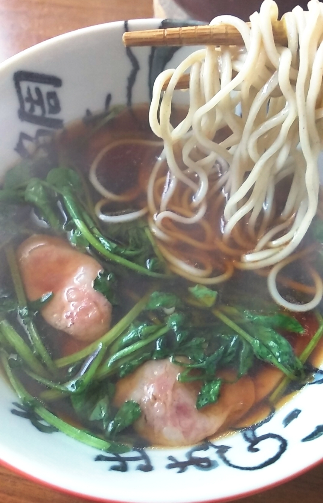 生ウインナーとクレソンのつけ蕎麦