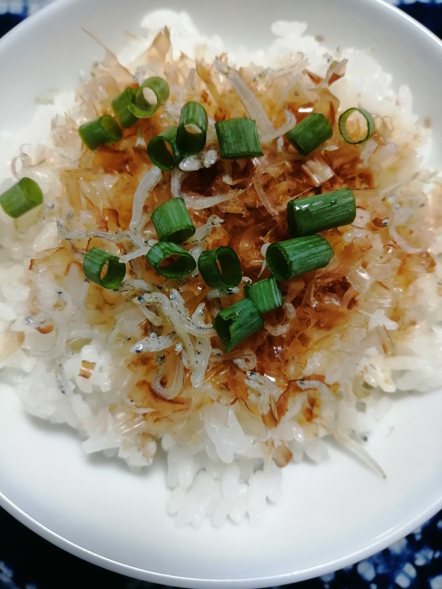 鰹節とちりめんじゃことネギのめんつゆかけご飯