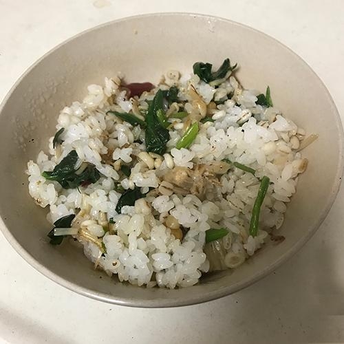 豆苗と大豆の麦ご飯