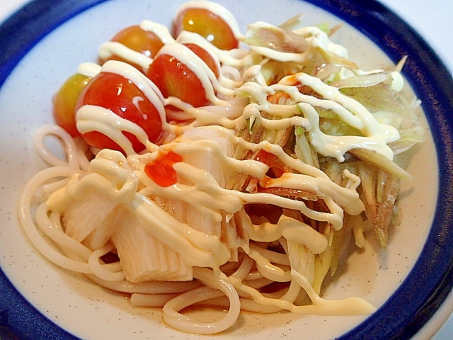 ピリ辛　❤茗荷と長芋とプチトマトのサラダうどん❤