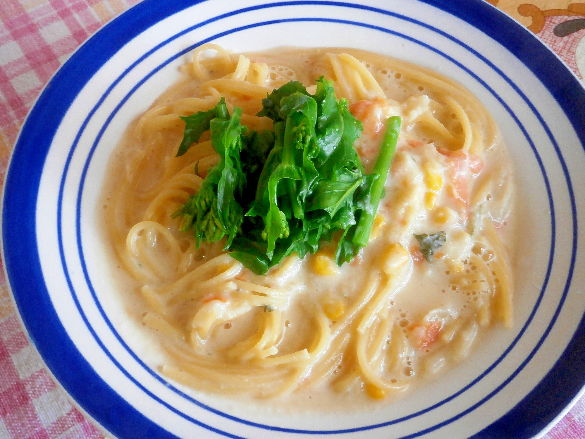 残ったシチューで！菜の花チーズクリームパスタ