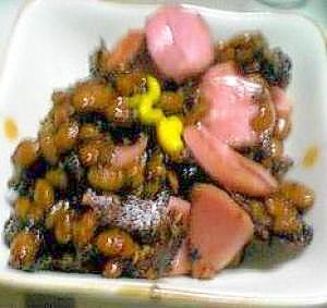 酒の肴:魚肉ソーセージと納豆の炒めもの