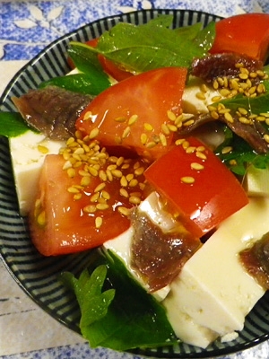 トマト大葉豆腐アンチョビのごま油がけ