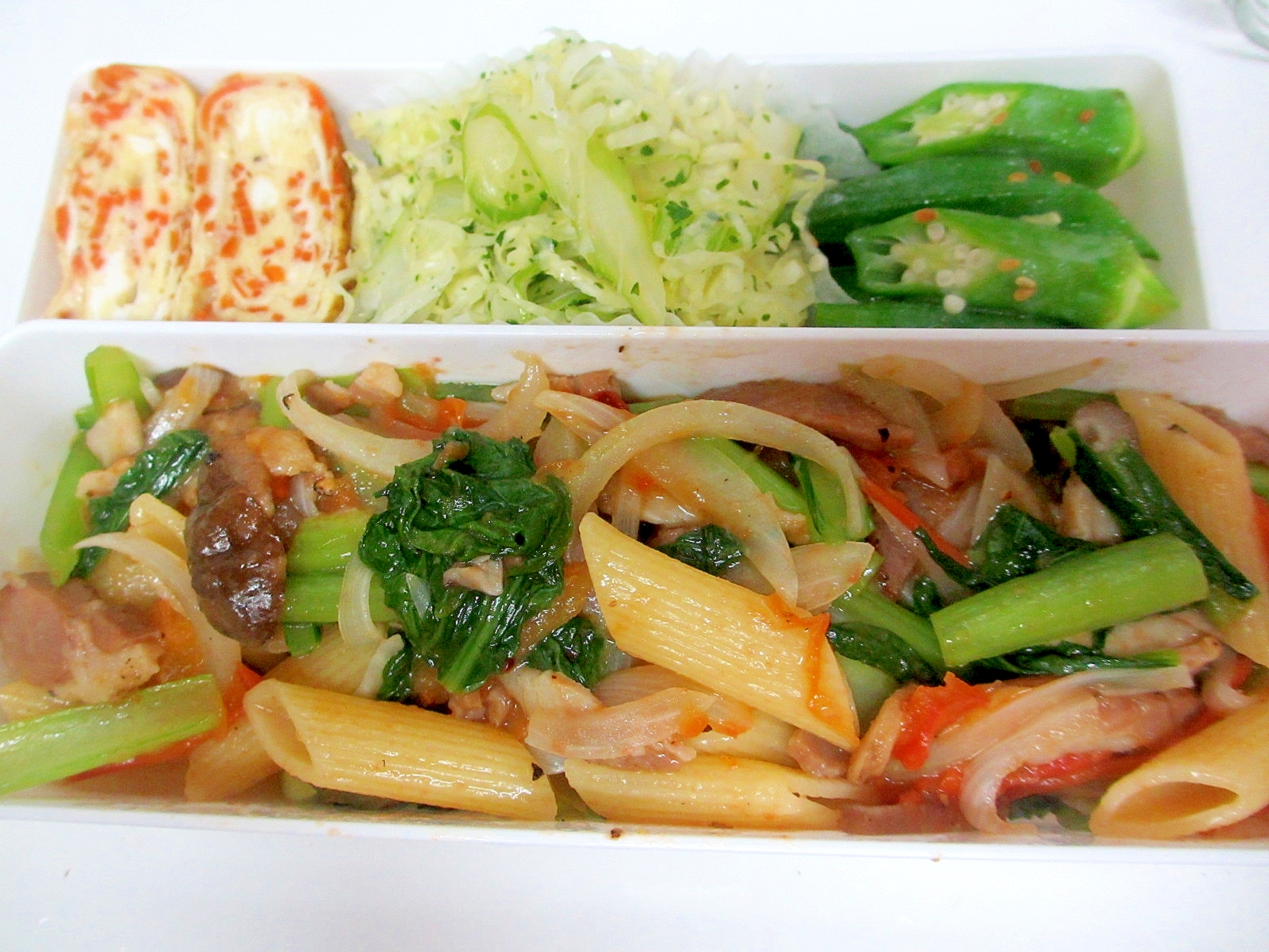 小松菜とベーコンの生姜マヨペンネ