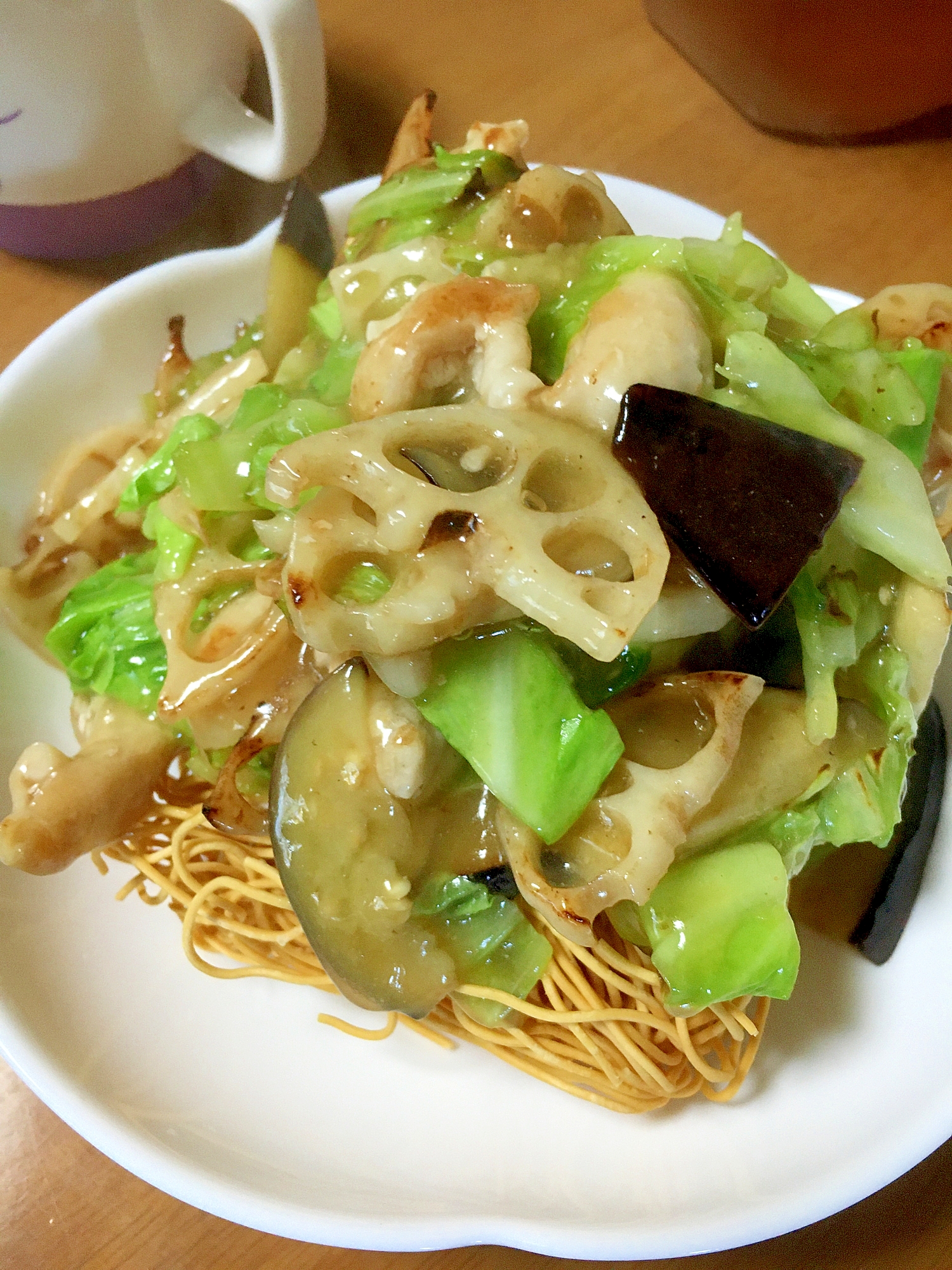 茄子とレンコンと鶏肉の皿うどん