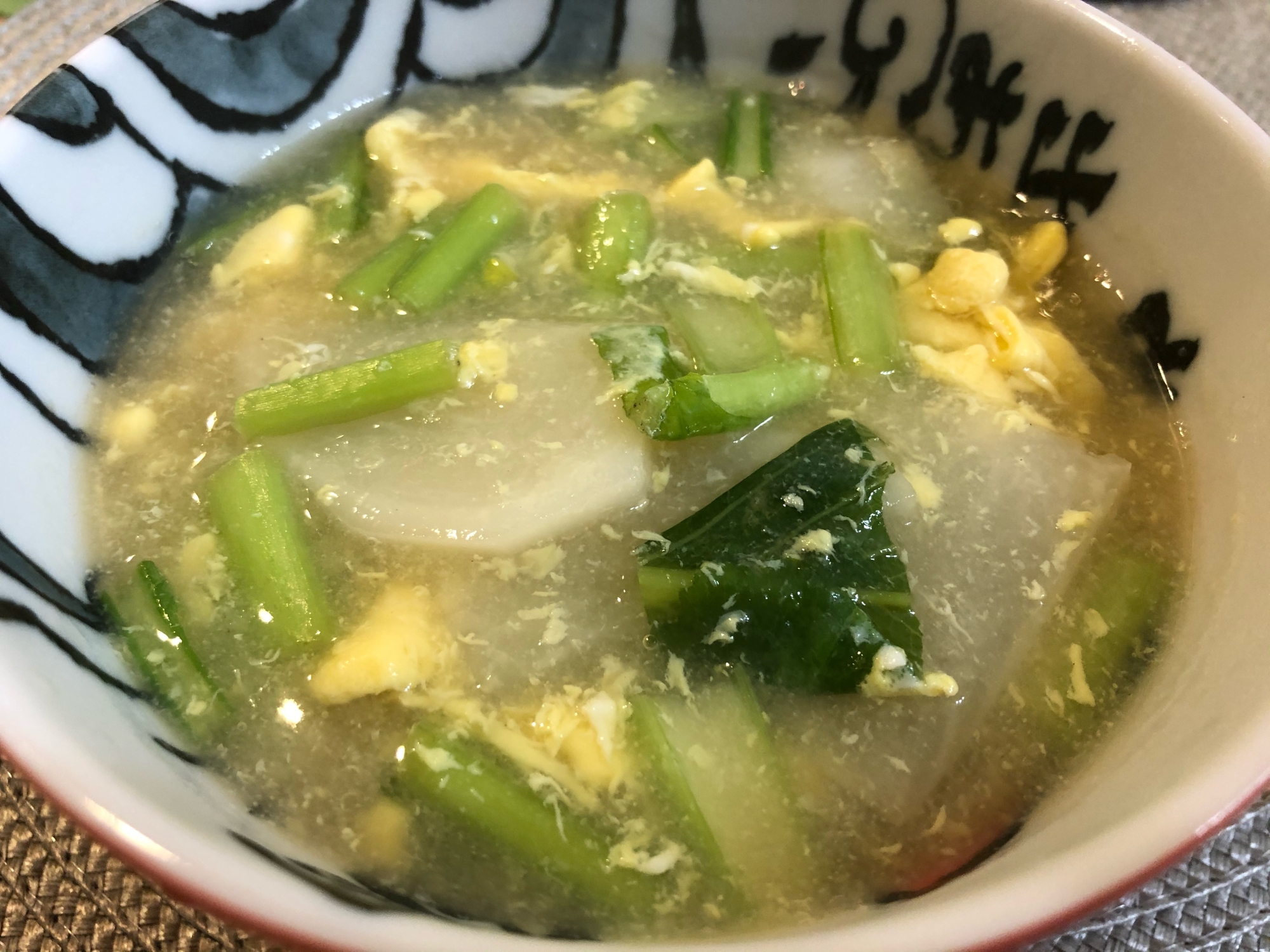 野菜たっぷり♫かぶとかぶの葉と卵のとろみスープ