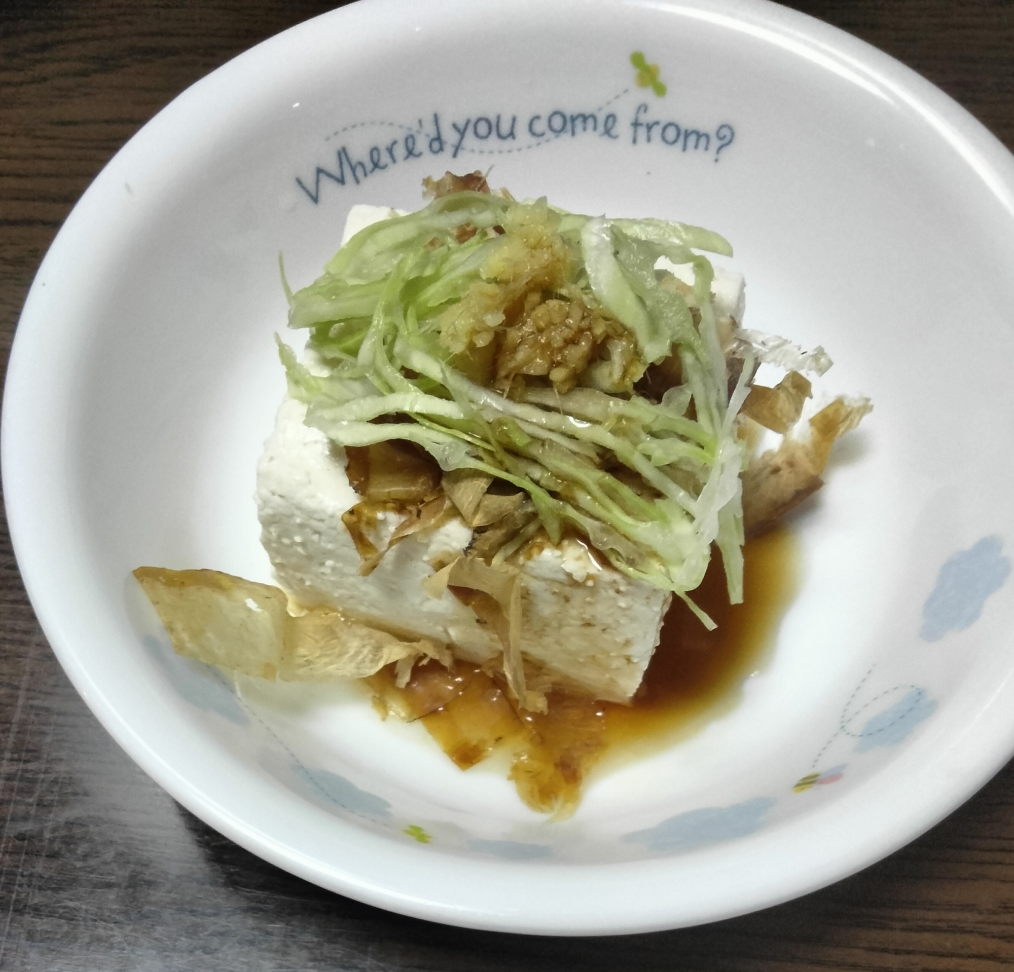冷奴アレンジ 花かつお&キャベツ千切りのせて
