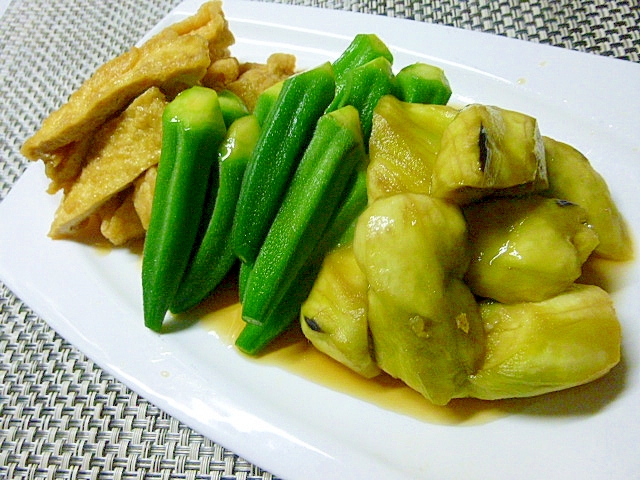 鍋は使わず？（笑）夏野菜の煮物、オクラとなす