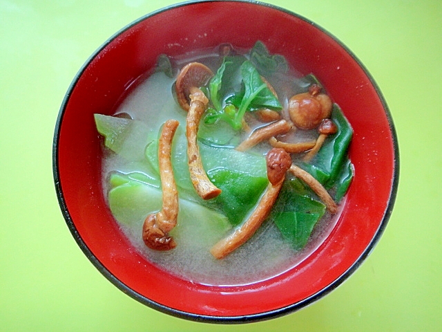 隼人瓜となめこつる菜の味噌汁