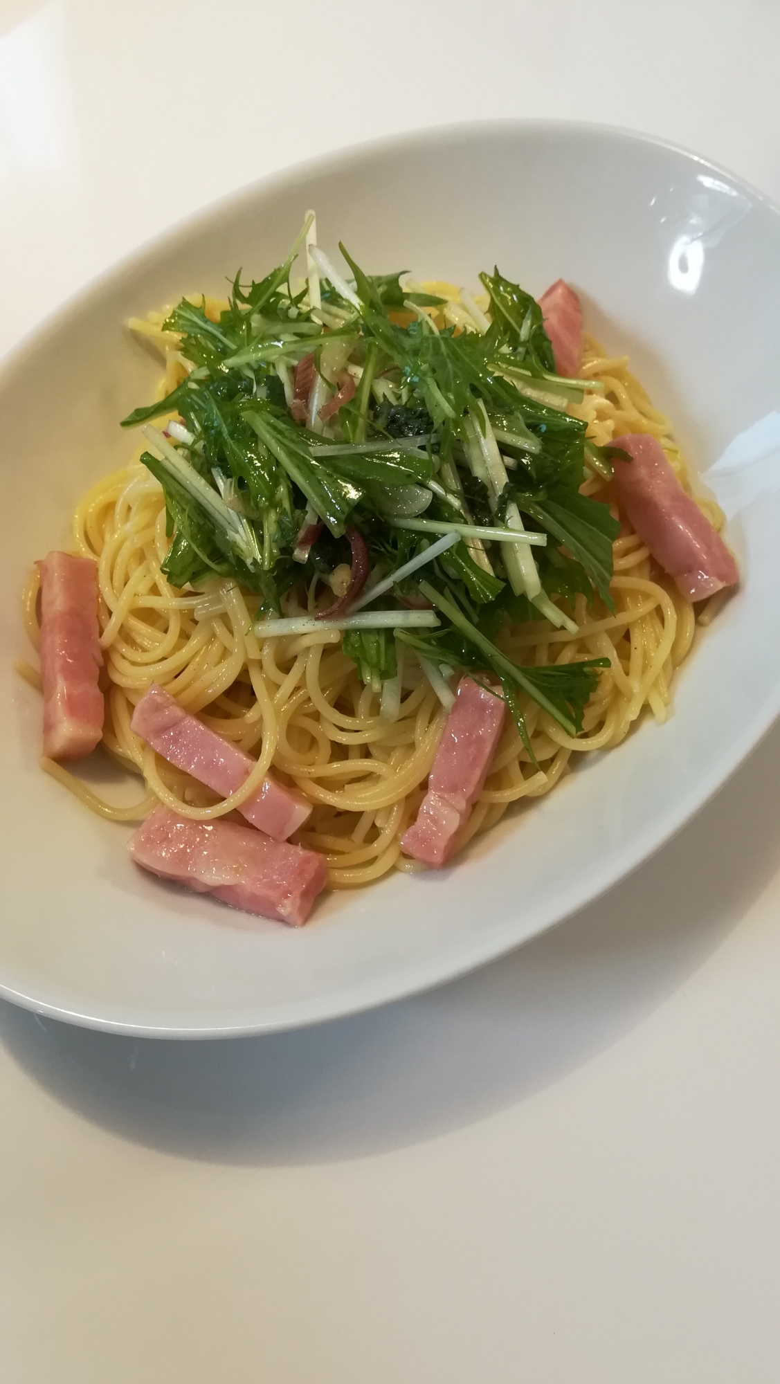 水菜とみょうがと大葉の爽やかパスタ