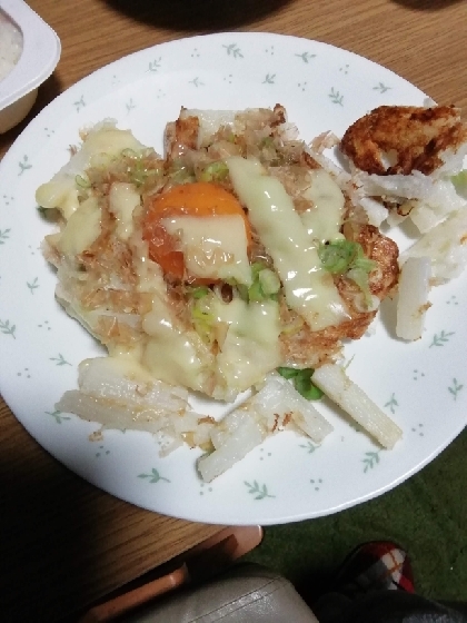 まるでお好み焼きのようで、家族皆大喜びでいただきました！

チーズをのせると、卵とうまく絡み合って最高の味わい♪

またリピートさせていただきます！