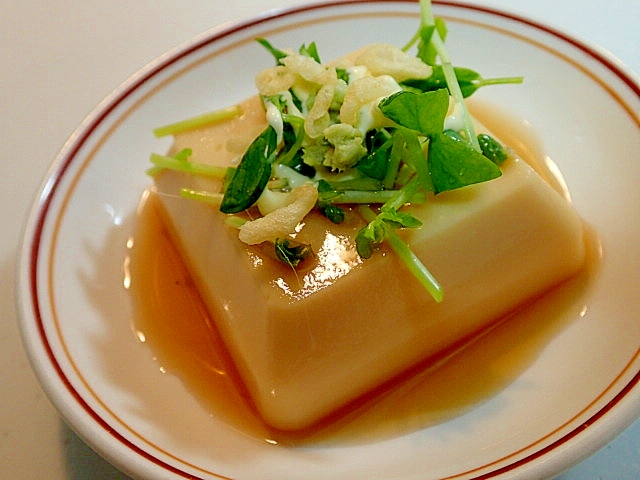 麺つゆ/山葵/マヨで　豆苗と天かすの卵豆腐