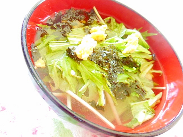 昆布出汁de❤水菜と炒り卵と韓国海苔のスープ❤
