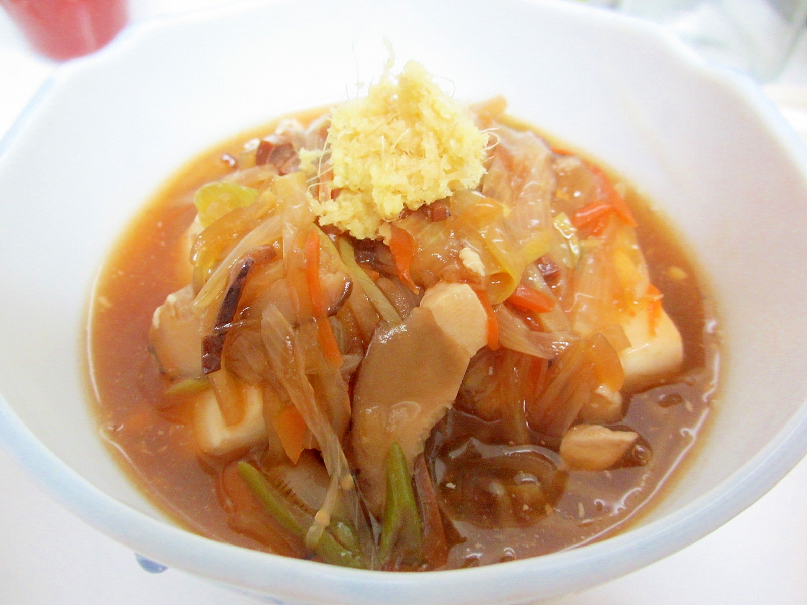 スルメ醤油で豆腐の野菜あんかけ