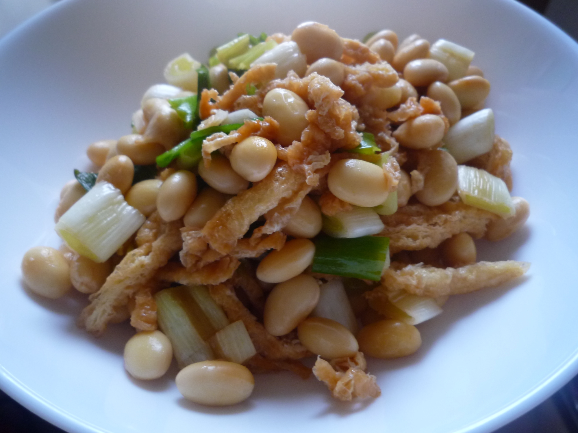 大豆の水煮、ネギとお揚げの煮物