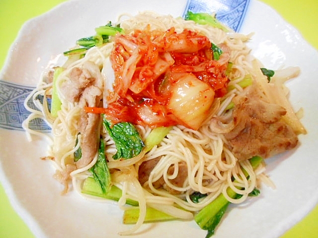 豚肉ターサイのそうめんキムチチャンプルー