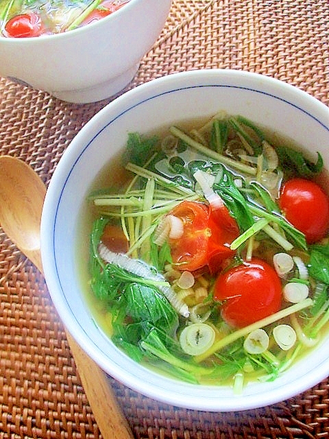 簡単♪水菜とエビとトマトの中華風スープ