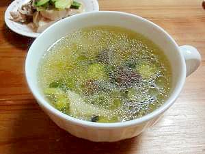 茹で鶏の汁で☆ブロッコリー・コーン・長葱のスープ