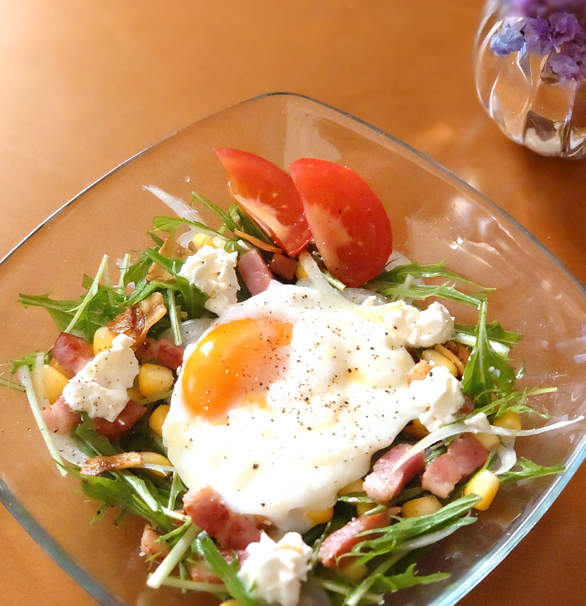 食べきりᕷ˖ベーコンとチーズの水菜サラダꕤ୭*