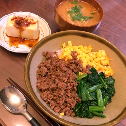 簡単節約！　とりひき肉の三食丼