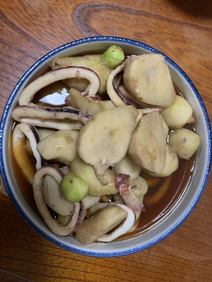 イカ里芋インゲンの麺つゆ煮