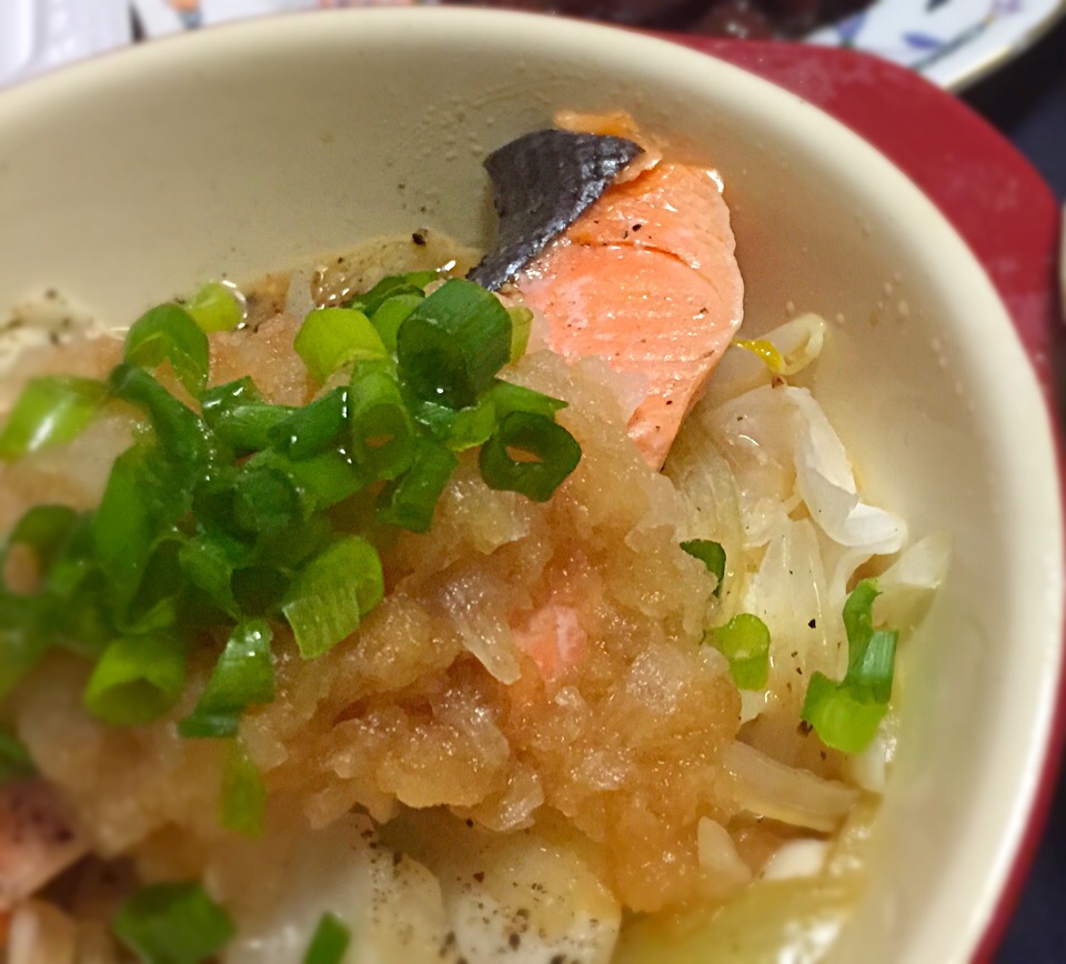 簡単！野菜と鮭のレンジ蒸し〜おろしポン酢がけ〜