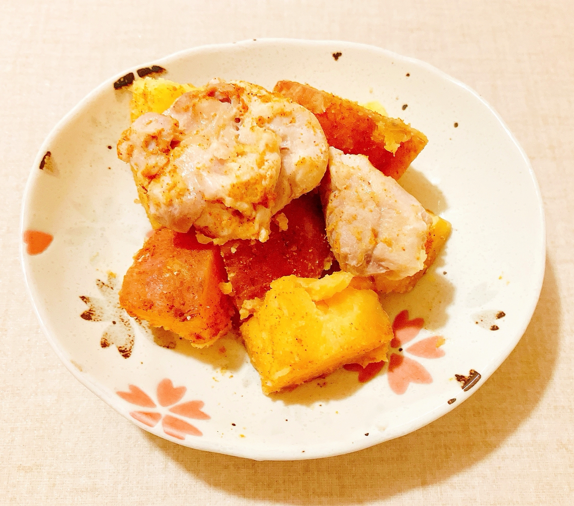 薩摩芋と鶏肉のカレー粉炒め