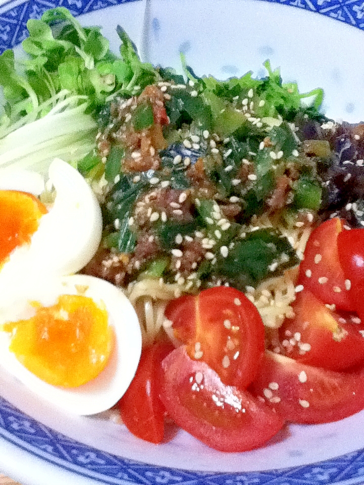 ニラ入り肉みそdeじゃじゃ麺風☆冷やし中華。