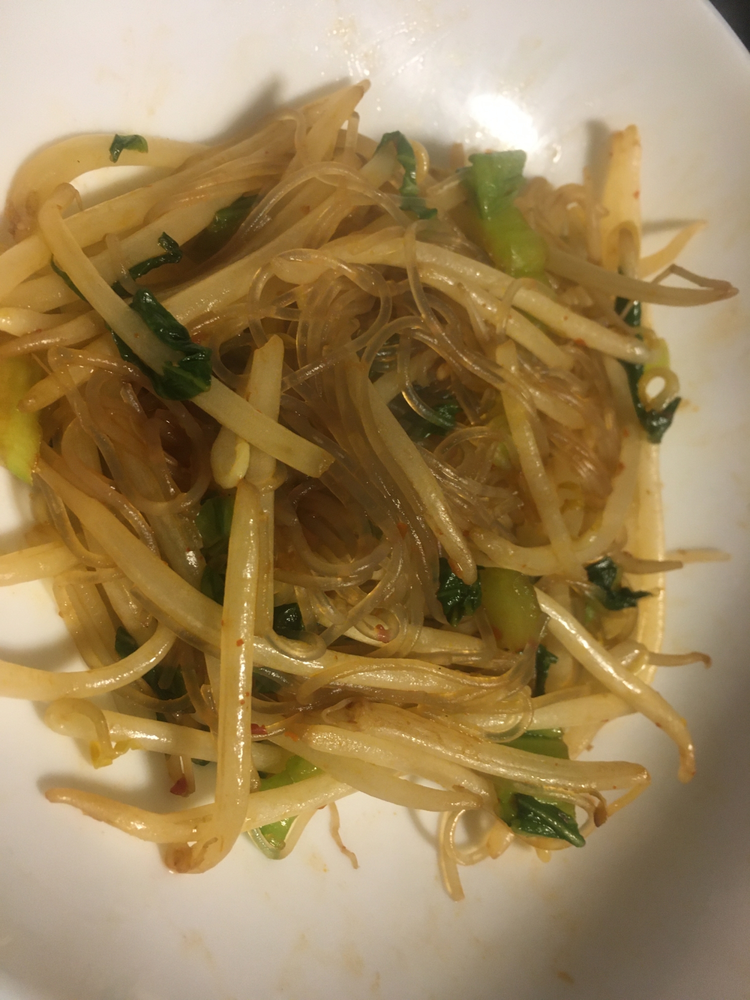 チンゲン菜ともやしの豆板醤春雨炒め