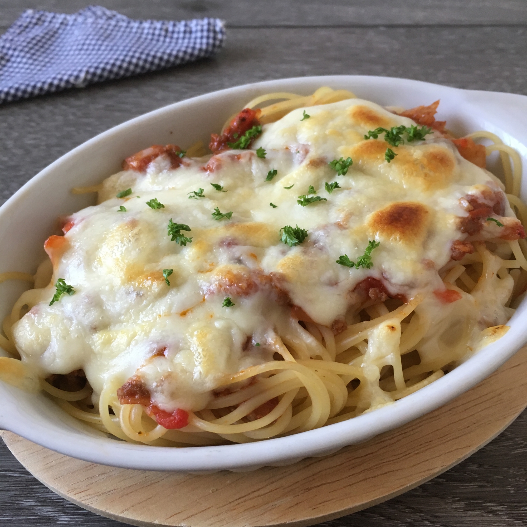 ミートソースチーズ焼きパスタ♪