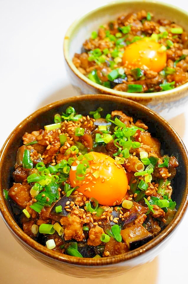 是非ともスプーンで食べて！ナスのピリ辛肉味噌丼