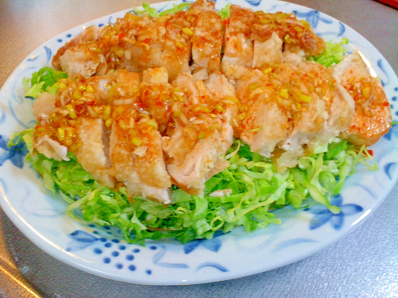 蒸しどりのカリッとチキン*ネギポン酢ソースかけ*