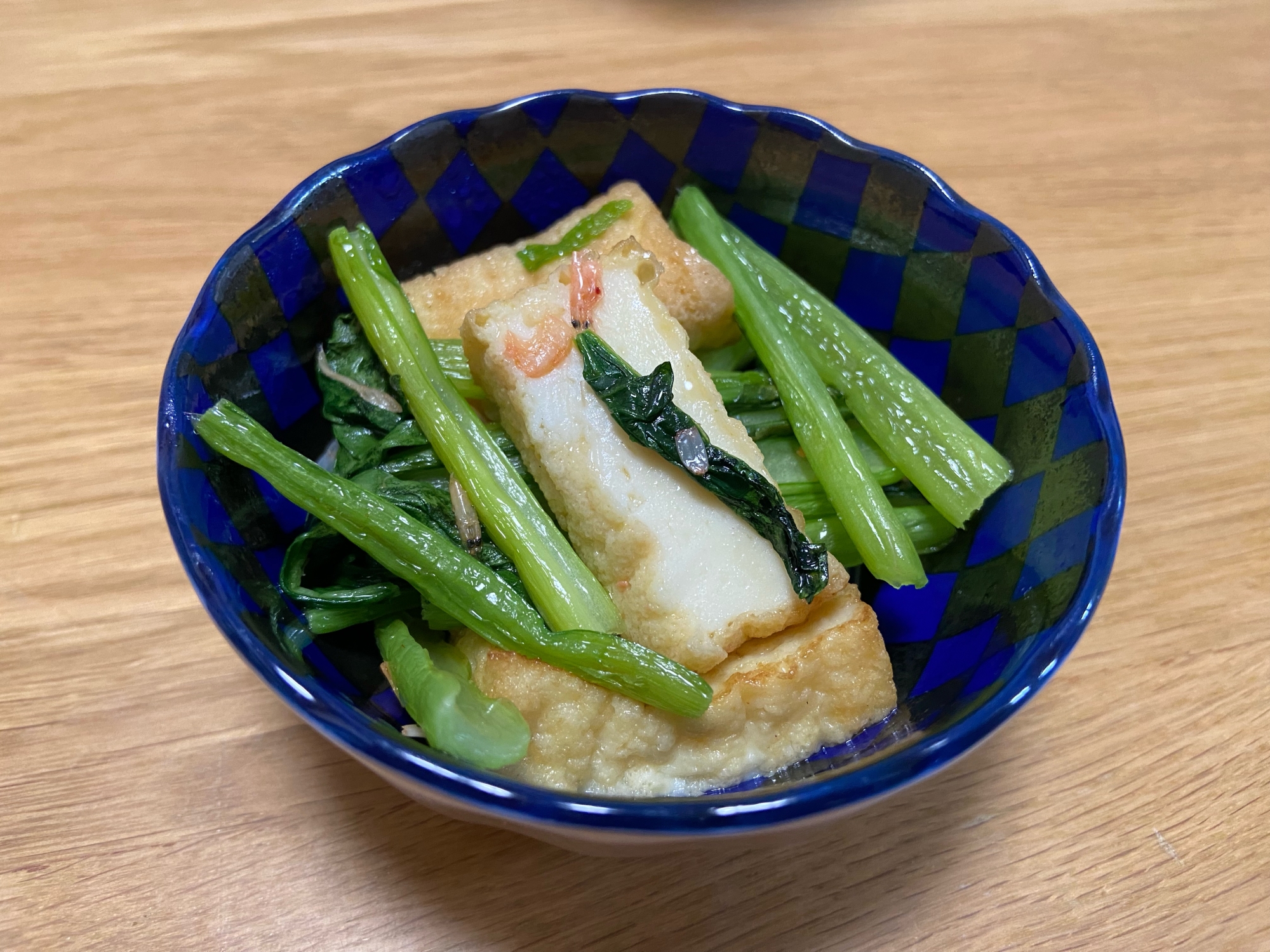 小松菜と厚揚げの海老塩炒め