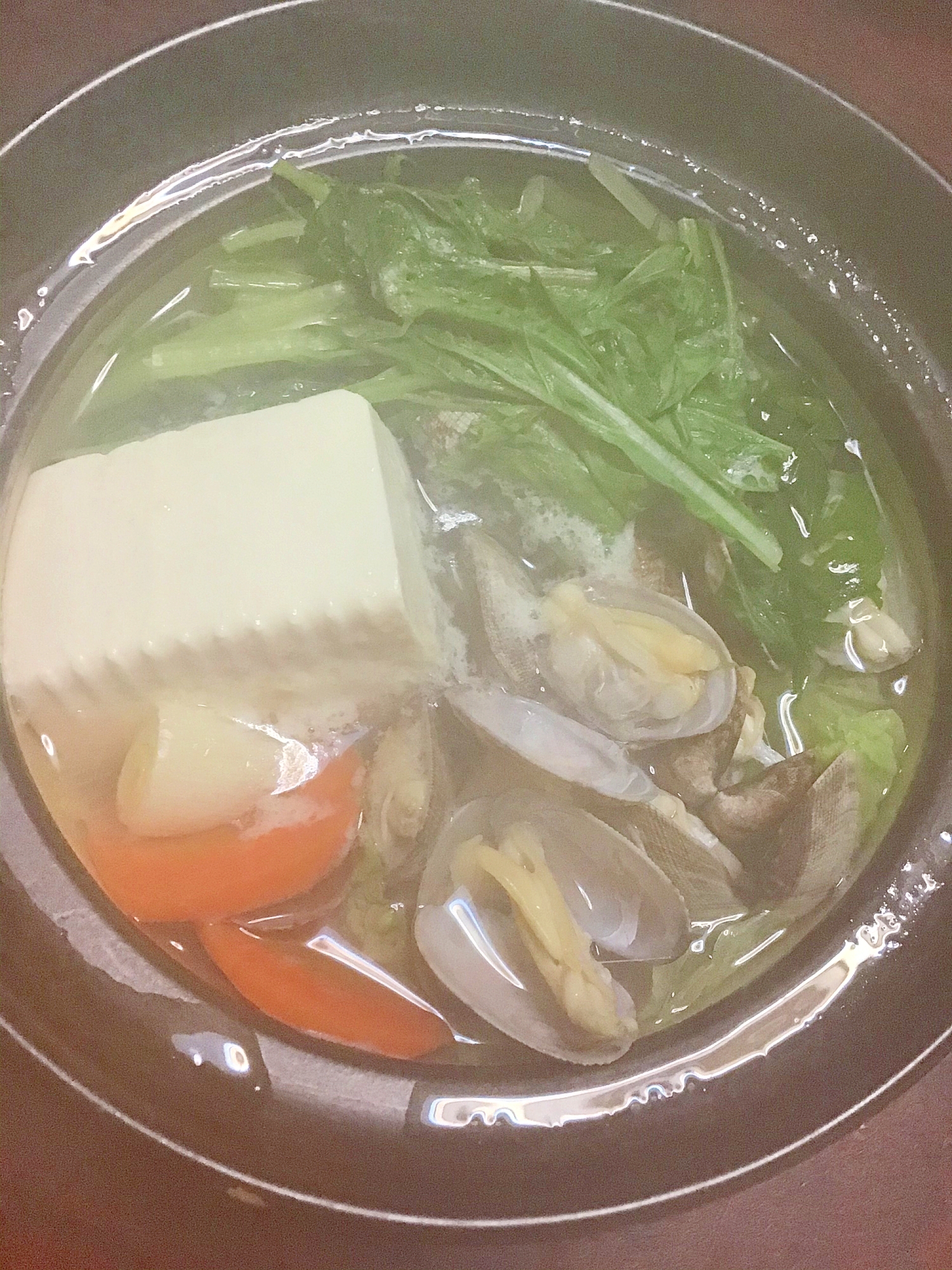 アサリと水菜の湯豆腐鍋。