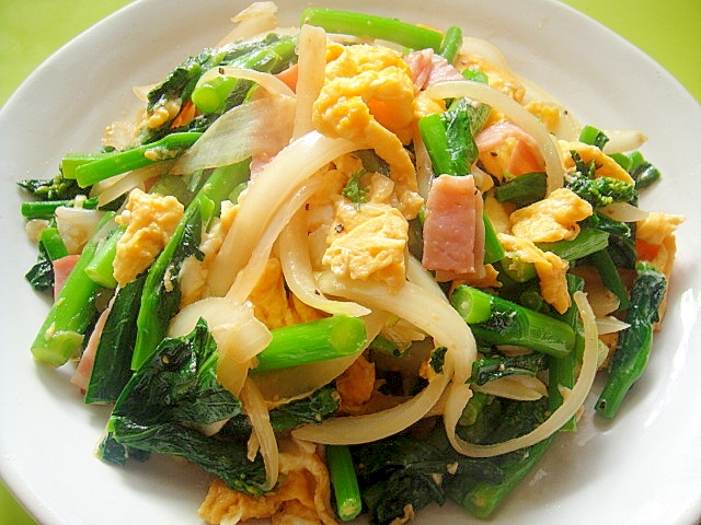 菜の花のベーコン新玉ねぎの卵炒め レシピ 作り方 By Mint74 楽天レシピ
