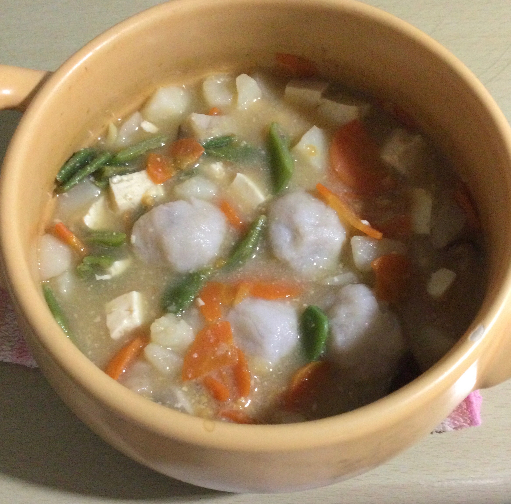 そば粉と米粉の団子豆腐じゃが芋野菜の味噌煮♫