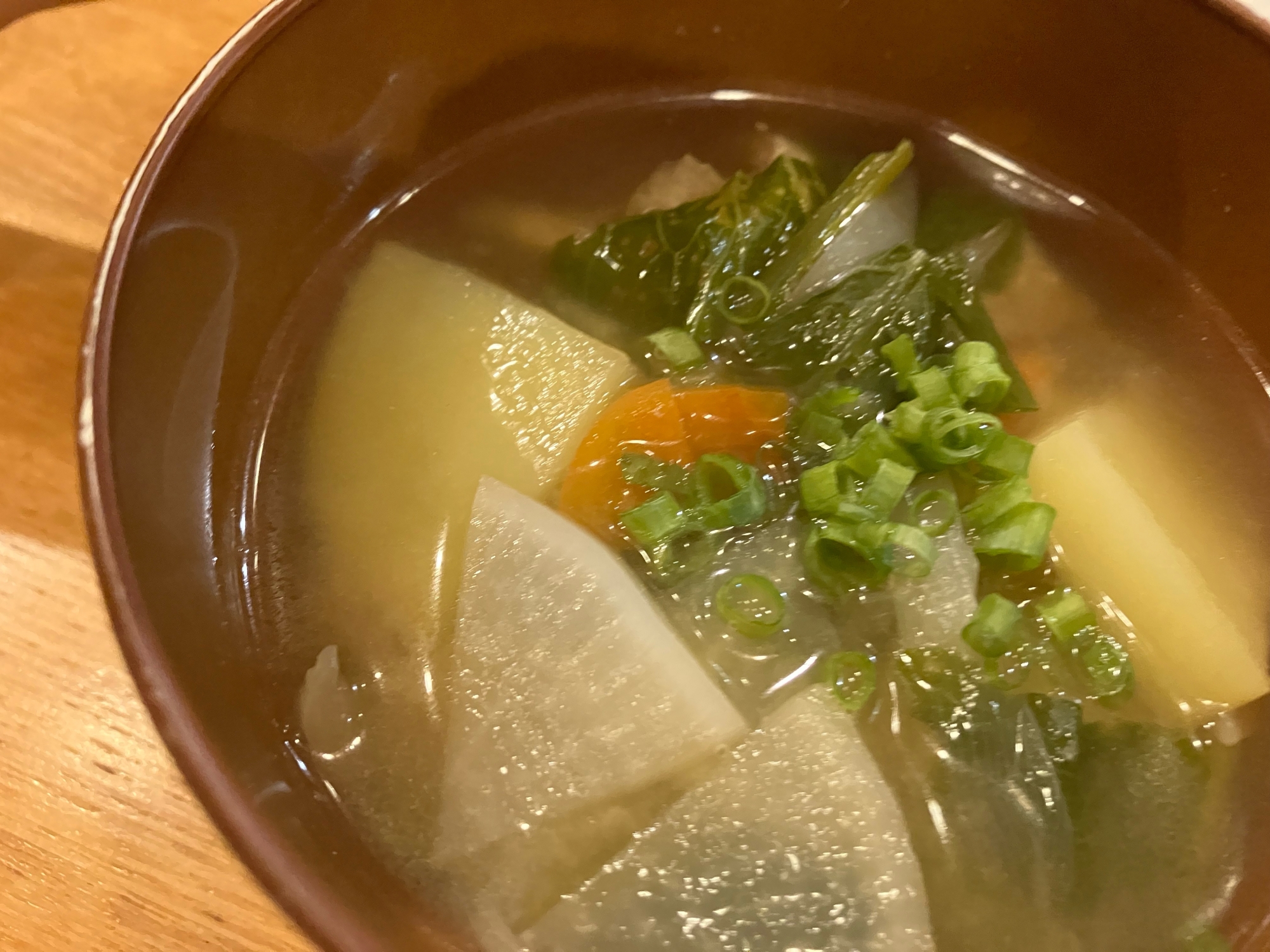 大根とじゃがいもと人参と玉ねぎと小松菜の味噌汁