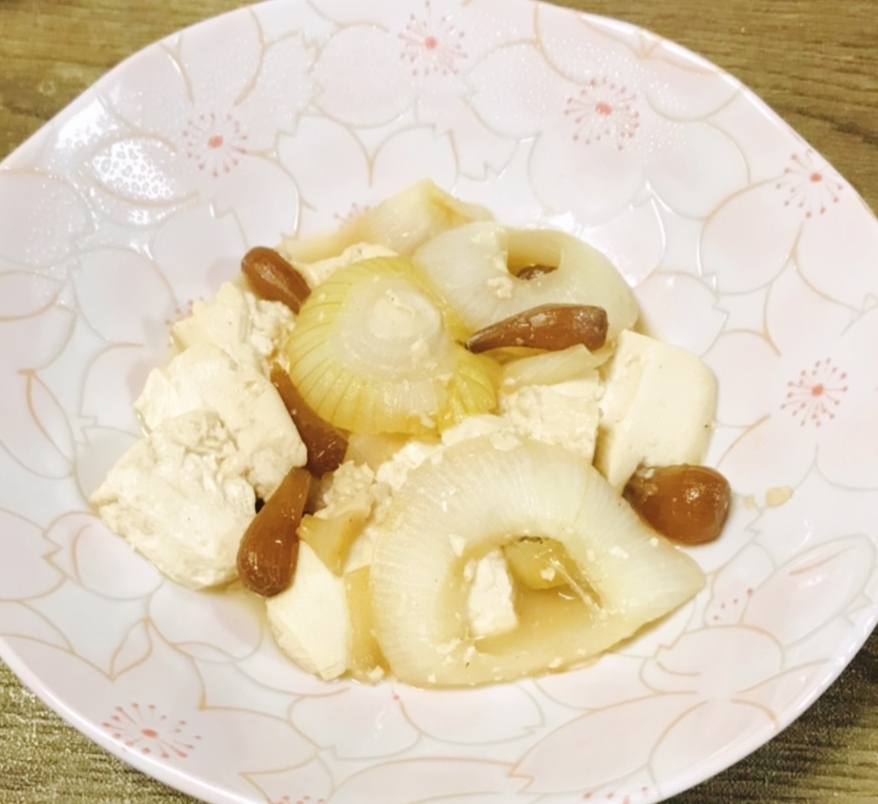 らっきょうの古漬け救済！木綿豆腐と玉ねぎとの煮物