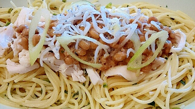 納豆とささみの和風パスタ