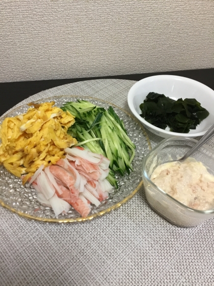 冷やし中華でとれる野菜を増やしたくて♡
わかめ、タレととっても合いました♡
ご馳走さまでした♡