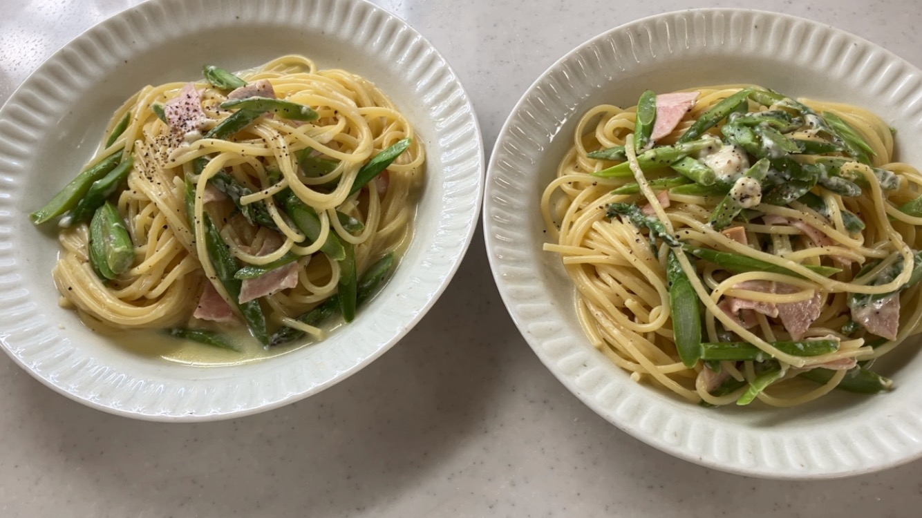 アスパラとロースハムのチーズパスタ