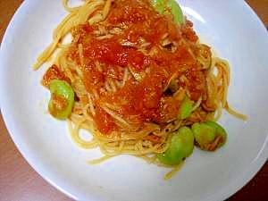 ツナとそら豆のトマトパスタ♪