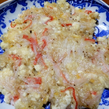 豆腐、えのき、カニかまのチーズ焼き